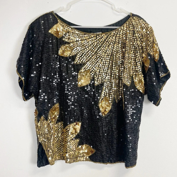 CeeCee Silk Blouse Womens Medium Black Gold Bead Sequin Formal VTG - Picture 1 of 8